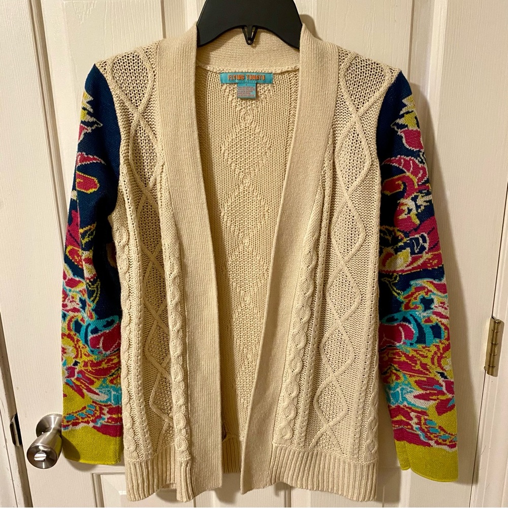 Flying Tomato Cream and Floral Cable Knit Open Front Cardigan Size S - Picture 3 of 7